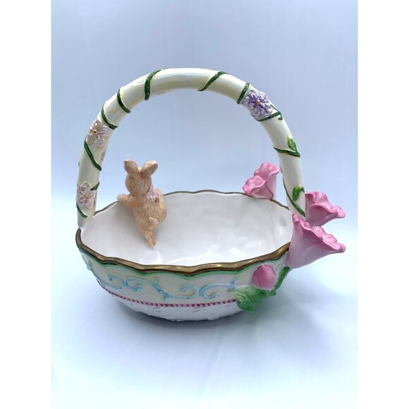 Avon Springtime Collection Ceramic Basket w Bunny and Flowers 7.5 Inch - Picture 5 of 11